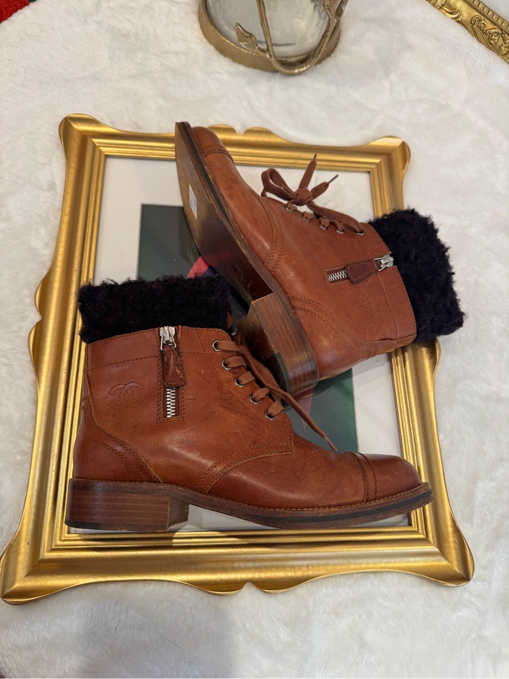Chanel Shearling-Trimmed Cap-Toe Leather Ankle Boots